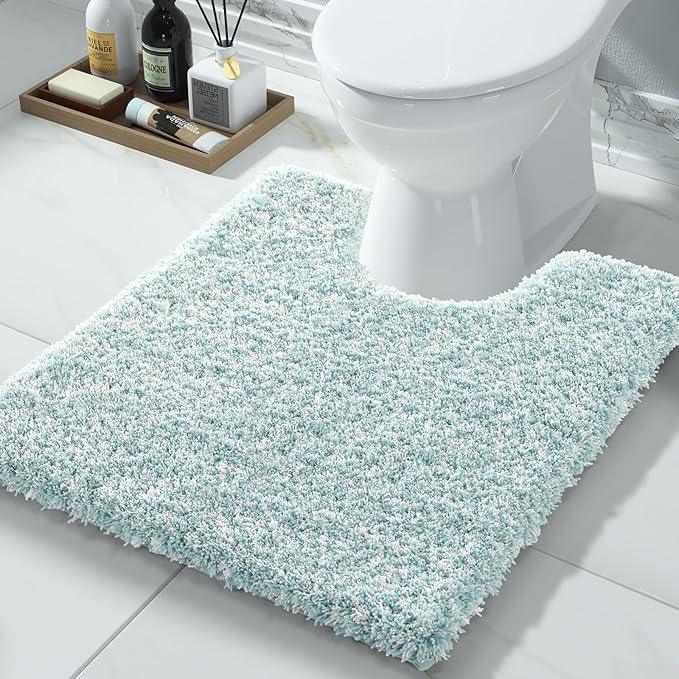 Yimobra Toilet Rugs U Shaped 24x20, Ultra Soft and Water Absorbent Bath Mats, Non Slip Fluffy Luxury Microfiber Contour Bath Rugs for Toilet, Dry Quick, Machine Washable, Sky Light Blue and White - ModernBath