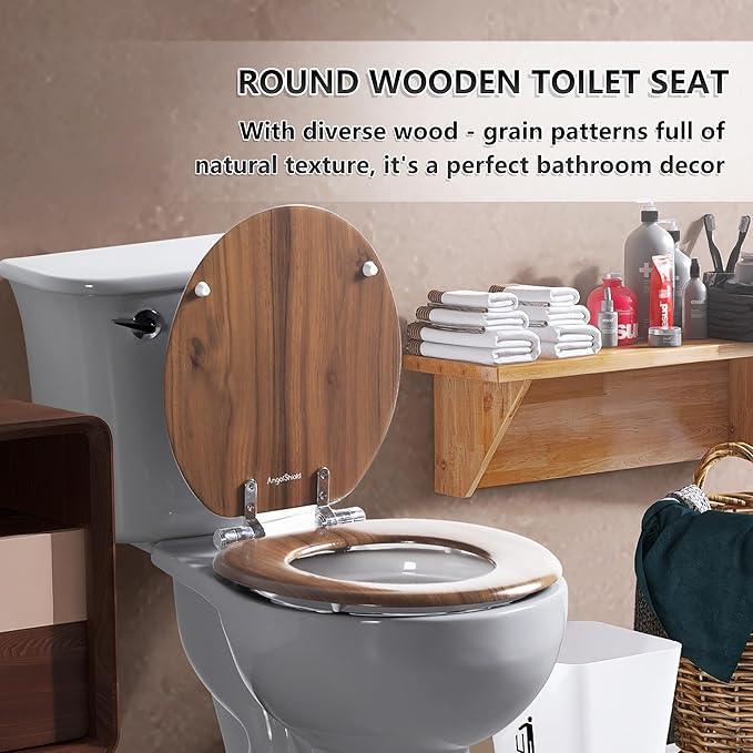 Round Toilet Seat Molded Wood Toilet Seat with Quietly Close and Quick Release Hinges, Easy to Install also Easy to Clean by Angol Shiold (Round, Natural) - ModernBath