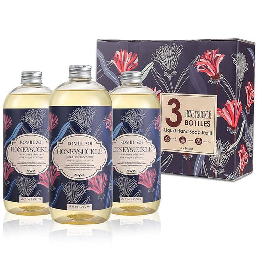 ROMIIE ZOI Liquid Hand Soap Refill Gift Set – Honeysuckle Scent, 3 Pack (26 Fl Oz Each), Cruelty-Free, Biodegradable & Gentle Formula for Sensitive Skin, Kitchen, Bathroom & Dispenser - ModernBath