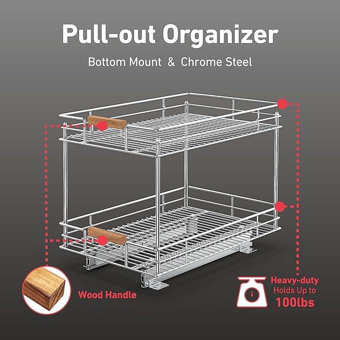 Pull Out Cabinet Organizer(14" W x 21" D), 2 Tier Slide Out Shelves with Wood Handle, Sliding Drawer Pull Storage Shelf for 15-1/4” Cabinet Opening, Chrome - ModernBath