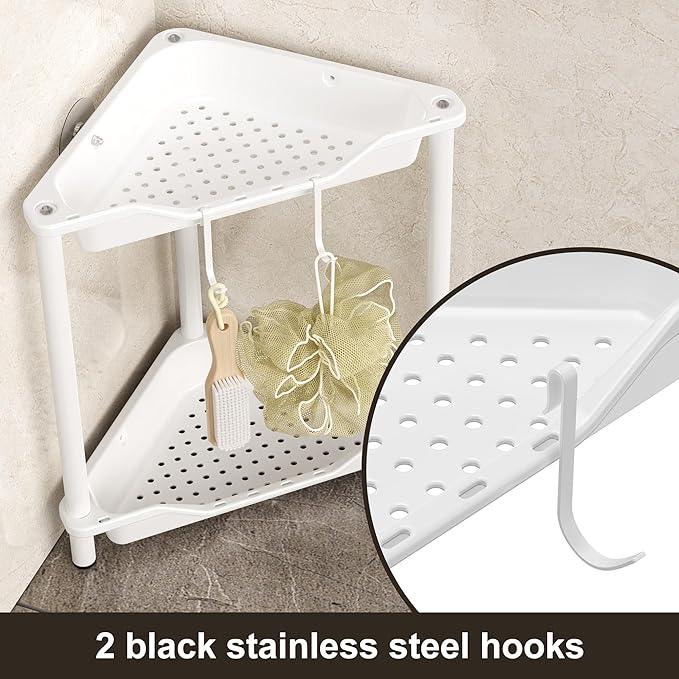 Orimade Rustproof 2 Tier Floor Standing Corner Shower Caddy Organizer, Plastic Metal Splicing Floor Corner Shelf Rack Stands for Bathroom, White - ModernBath