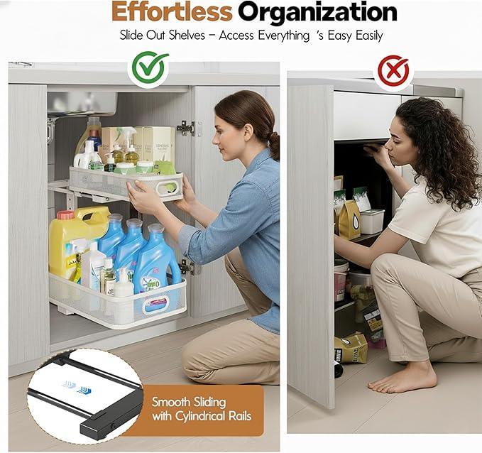 2 Pack Under Sink Organizer, Dual-Layer Pull Out Mesh Cabinet Rack with 5-Level Height Adjustment, Rust-Resistant Sliding Storage for Bathroom & Kitchen, Multi-Purpose 2-Tier Shelf - ModernBath
