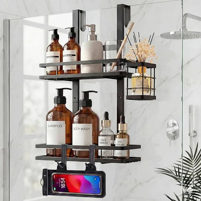 WEYALLE Over the Door Shower Caddy Hanging, Rustproof Shower Shelves with Waterproof Phone Pouch, 2-Tier Adjustable Bathroom Organizers and Storage, No Drilling Shower Shelf, Black Shampoo Soap Holder - ModernBath