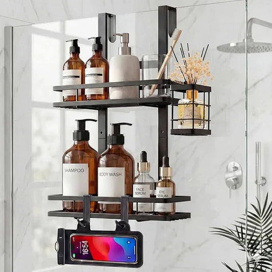 WEYALLE Over the Door Shower Caddy Hanging, Rustproof Shower Shelves with Waterproof Phone Pouch, 2-Tier Adjustable Bathroom Organizers and Storage, No Drilling Shower Shelf, Black Shampoo Soap Holder - ModernBath