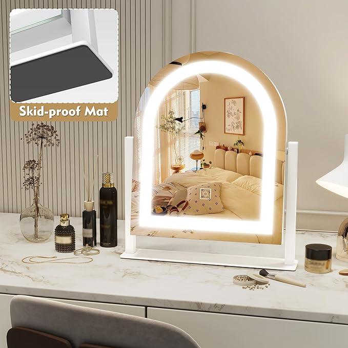 ROLOVE Lighted Makeup Mirror with 3-Color Dimmable Lighting, with Removable 10x Magnifier, Smart Touch Control, 360° Rotation, 15" x 13" Hollywood Vanity Mirror for Tabletop or Desk (White) - ModernBath