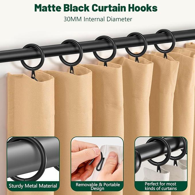 60Pcs Metal Curtain Rings and 60 Pcs Curtain Drapery Pin Hooks,Black Curtain Hooks for Drapes,30mm Internal Diameter for Window, Shower Curtain - ModernBath
