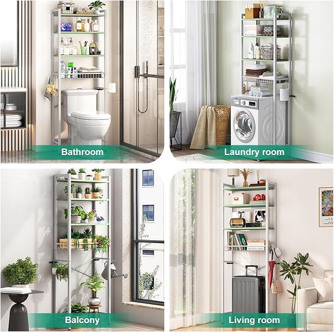 Over-The-Toilet Storage Rack, 4-Tier Bathroom Organizer Shelf Over Toilet with Adjustable Shelf and Basket, Freestanding Space Saver Bathroom Shelves Above Toilet for Room (Avocado Green) - ModernBath
