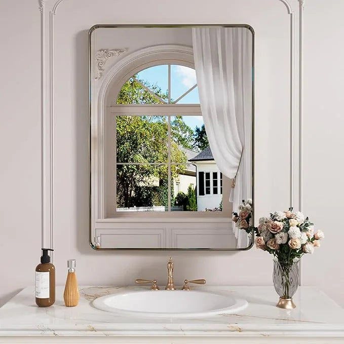 JISOSO Bronze Bathroom Mirror 20x30 Inch, Brushed Bronze Metal Frame Mirror for Wall, Rounded Rectangle Bathroom Vanity Mirror with Tempered Glass, Anti-Rust, Horizontal/Vertical - ModernBath