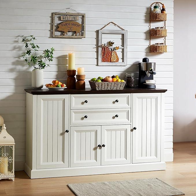 Farmhouse 58" Buffet Cabinet with Storage, 34" Tall Coffee Bar Cabinet w/2 Large Drawers & 4 Grooved Barn Doors, Wood Rustic Sideboard Buffet Cabinet for Dinning Room, Kitchen, Living Room,White - ModernBath