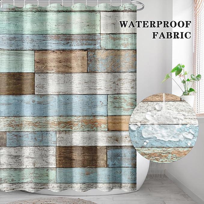 Culudea Wood Rustic Vintage Blue Brown Waffle Textured Cloth Shower Curtain Set, Farmhouse Retro Bathroom Window Waterproof Shower Curtains for Bathroom Decor - ModernBath