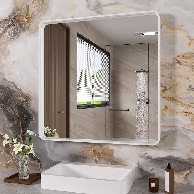 JISOSO White Bathroom Mirror 36x36 Inch, White Metal Framed Bathroom Mirror for Wall, Rounded Rectangle Matte Bathroom Vanity Mirror, Tempered Glass, Anti-Rust, Horizontal/Vertical - ModernBath