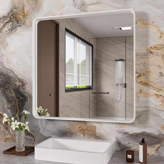 JISOSO White Bathroom Mirror 36x36 Inch, White Metal Framed Bathroom Mirror for Wall, Rounded Rectangle Matte Bathroom Vanity Mirror, Tempered Glass, Anti-Rust, Horizontal/Vertical - ModernBath