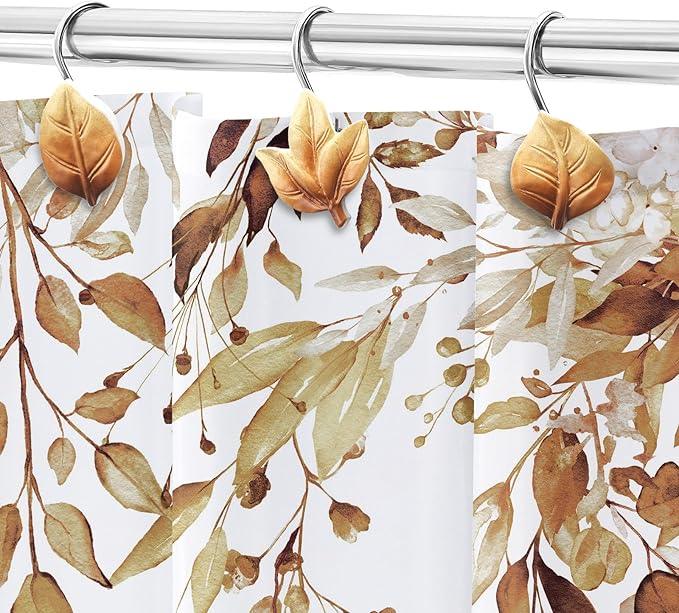 Gibelle 12PCS Leaves Shower Curtain Hooks, Brown Plant Leaf Decorative Shower Curtain Hooks Metal Rustproof Cute Eucalyptus Shower Curtain Rings Bathroom Decoration Accessories - ModernBath