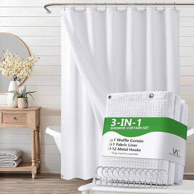 VANZAVANZU Luxury 3 in 1 Shower Curtain Set 3D Textured Waffle Weave Bathroom Curtain with Waterproof SGS Certified Fabric Liner & 12 Anti-Fall Stainless Steel Hooks, Machine Washable 72"x84" (White) - ModernBath
