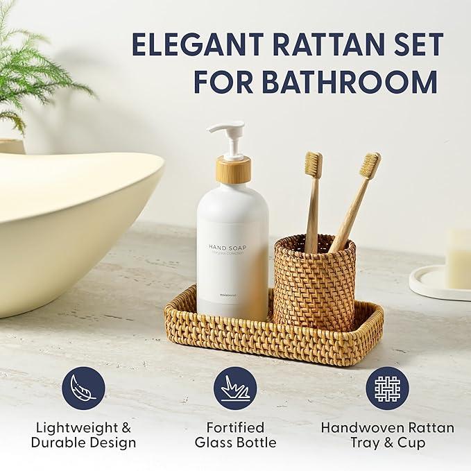 MaisoNovo Rattan Bathroom Set - White Countertop Dispenser, Toothbrush Holder & Toothpaste Cup with Tray - Set of 3 - Rattan Bathroom Vanity Trays Rectangle for Storage - ModernBath