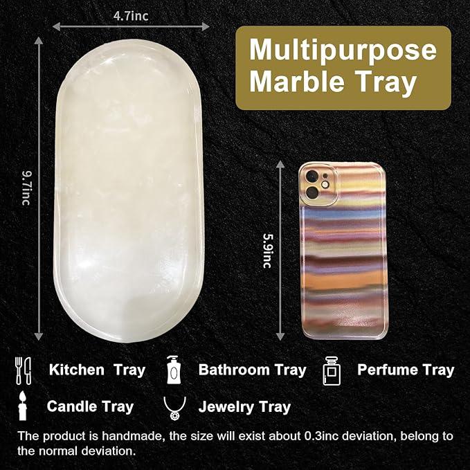 SWRONP Marble Tray for Kitchen Counter & Bathroom Countertop,Stone Vanity Tray for Dresser Decor,Small Storage Tray for Perfumes, Jewelry,Candles,Durable & Waterproof(White) - ModernBath