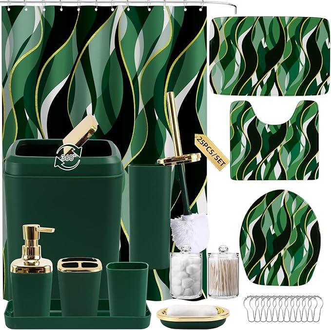XLHOMO Bathroom Set - Green and Gold Bathroom Accessories, Bathroom Sets with Shower Curtain and Rugs, Green Shower Curtain Set with Bathroom Trash Can, Soap Dispenser, Soap Dish for Home Decor - ModernBath