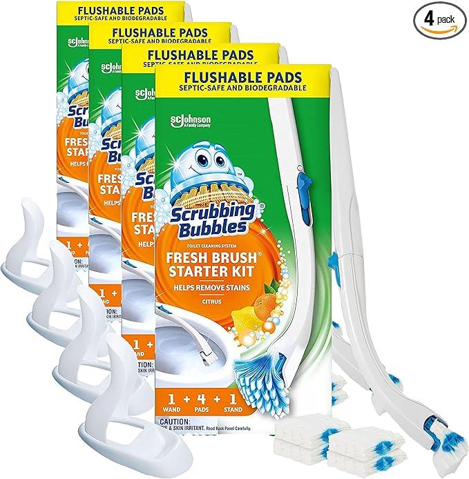 Scrubbing Bubbles Toilet Bowl Brush and Holder with Cleaner Refill Pads, Fresh Brush Toilet Wand Starter Kit, Cleans Limescale & Fights Odors, Citrus Scent, 1 Wand + 4 Refills + 1 Stand (Pack of 4) - ModernBath