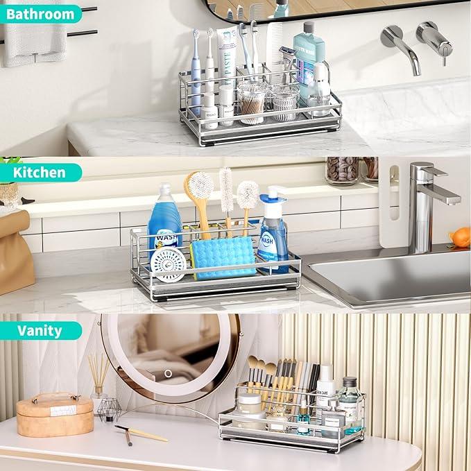 HapiRm Toothbrush Holders for Bathroom - 5 Partitions Bathroom Counter Organizer with Instant Drying Stone, Stainless Steel Countertop Storage Electric Toothbrush Toothpaste Holder - Silver - ModernBath