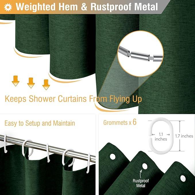 BTTN Stall Fabric Shower Curtain - 36x72 Inch Narrow Linen Textured Heavy Duty Shower Curtain Set with 6 Plastic Hooks, Hotel Luxury Half Waterproof Neutral Bath Curtains for Bathroom - Emerald Green - ModernBath