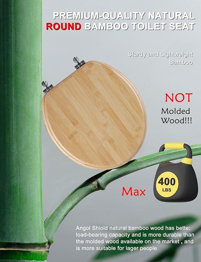 Round Bamboo Toilet Seat with Zinc Alloy Hinges, Easy to Install also Easy to Clean, Natural Bamboo, Light, 16.5-inch - ModernBath