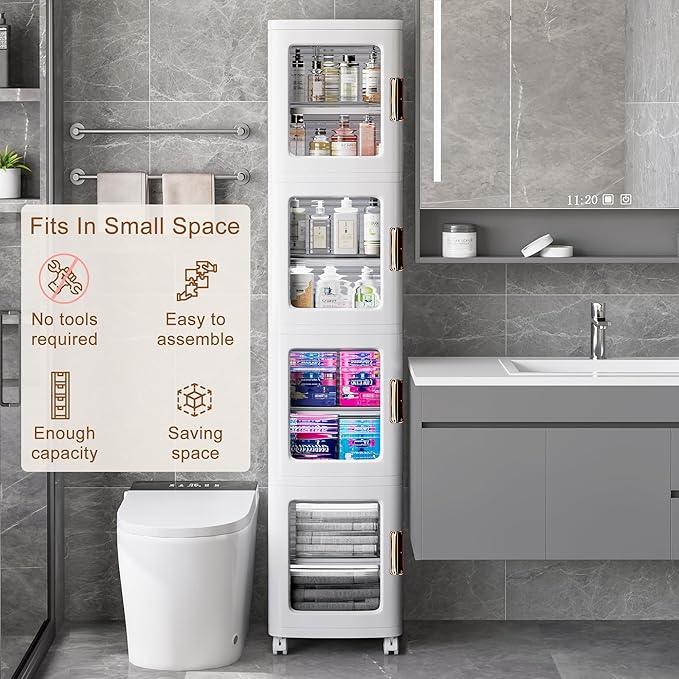 VECELO 4-Tier Tall Narrow Storage Cabinet with Movable Wheels, Adjustable Shelves, Anti-Tip, Slim, for Small Space, Bathroom, Kitchen, Laundry, White - ModernBath