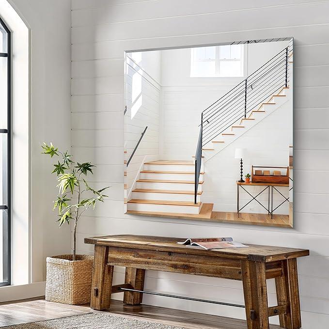KOCUUY Beveled Mirror, 42x42 Inch Large Frameless Square Bathroom Mirror for Over Sink, Upgraded Shatterproof Beveled Unframed Design Mirror for Bathroom, Bedroom, Hang Horizontal/Vertical - ModernBath