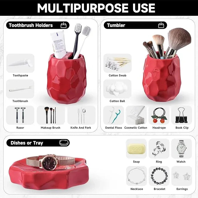 Ceramic Bathroom Accessories Set 4 PCS,Bathroom Toothbrush Holder Set,Soap and Toothbrush Holder Set,Include Toothbrush Holder,Soap Dispenser,Tumbler,Soap Dish,Bathroom Sets Decor Organizer (Red) - ModernBath