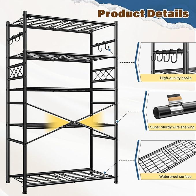 Storage Shelves 5-Tier Large Capacity Wire Shelving with Hooks, Heavy Duty Garage Shelving Unit with Leveling Feet, Stable Metal Shelf for Pantry, Kitchen and Closet, 72" H x 36" W x 12" D, Black - ModernBath