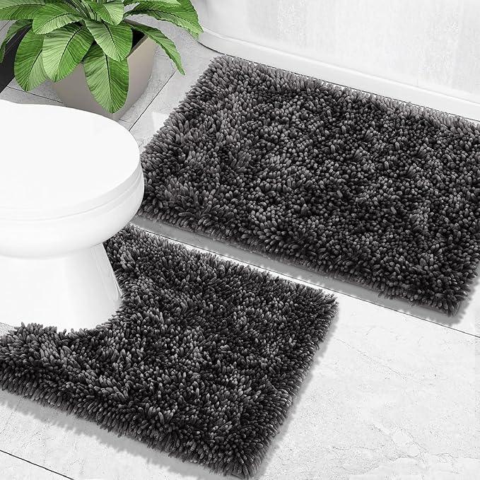 Yimobra Bathroom Rugs Sets 2 Piece, Soft Absorbent Bath Mat and U-Shaped Toilet Rug with Non Slip Backing, Luxury Shaggy Bath Mats for Bathroom, Machine Washable, 31.5"x20"+24"x20", Dark Grey - ModernBath