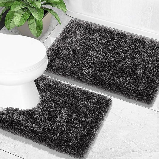 Yimobra Bathroom Rugs Sets 2 Piece, Soft Absorbent Bath Mat and U-Shaped Toilet Rug with Non Slip Backing, Luxury Shaggy Bath Mats for Bathroom, Machine Washable, 31.5"x20"+24"x20", Dark Grey - ModernBath