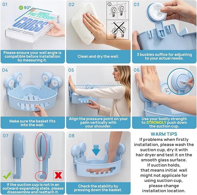 LEVERLOC Corner Shower Caddy Suction Cup, Shower Caddy Basket Powerful Suction Bathroom, Waterproof & Rustproof Organizer for Bathroom Storage, No-Drilling Removable (Blue) - ModernBath