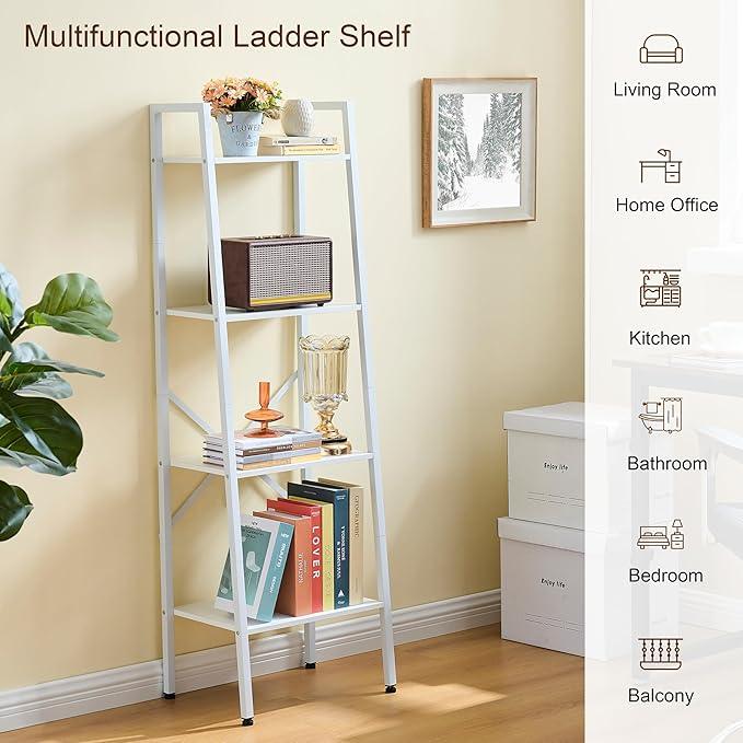 Hoctieon 4-Tier Industrial Ladder Bookshelf, Narrow Ladder Shelf, Tall Standing Bookshelf, Skinny Open Ladder Shelf, for Living Room, Home Office, Kitchen, Bedroom, Metal Frame, White - ModernBath