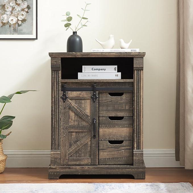 Bathroom Floor Cabinet, Farmhouse Storage Cabinet with Sliding Barn Door, Small Storage Cabinet with Drawer for Bathroom, Kitchen, Living Room, Rustic Style Cabinet (Dark Rustic Oak) - ModernBath