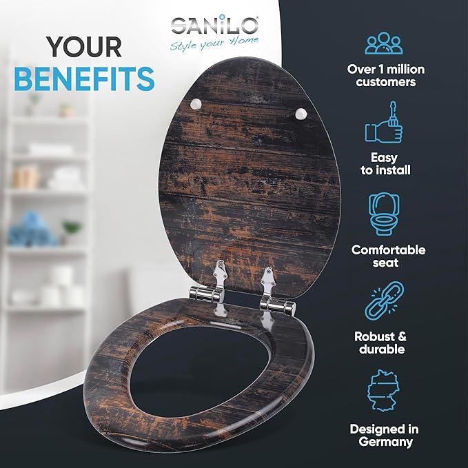 SANILO Wooden Toilet Seat with Soft Close [ELONGATED] - Decorative, Quiet & Slow Close Molded Wood Seat - With Strong Bumpers & Hinges - Adjustable Fit - Vintage - ModernBath