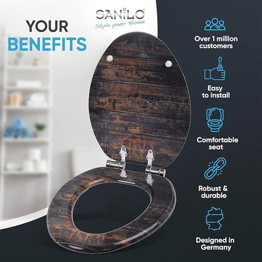 SANILO Wooden Toilet Seat with Soft Close [ELONGATED] - Decorative, Quiet & Slow Close Molded Wood Seat - With Strong Bumpers & Hinges - Adjustable Fit - Vintage - ModernBath