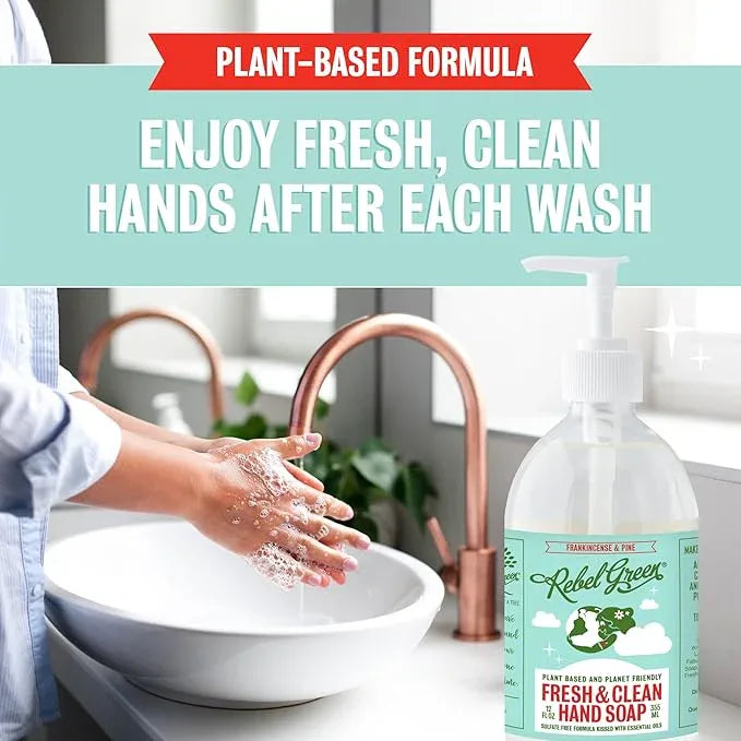 Rebel Green Fresh & Clean Hand Soap - Natural Liquid Hand Soap for Bathroom & Kitchen - Frankincense Pine 12 Fl oz, Pack of 2 - ModernBath