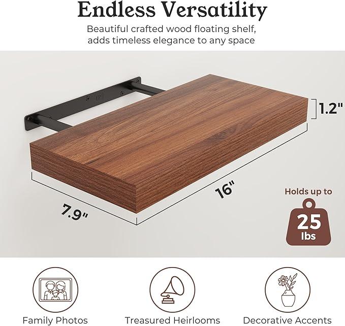 Floating Shelves for Wall, Wall Mounted Rustic Wood Shelves for Bathroom, Bedroom, Living Room, Kitchen, Hanging Shelf for Books/Storage/Room Decor (Walnut, 16") - ModernBath