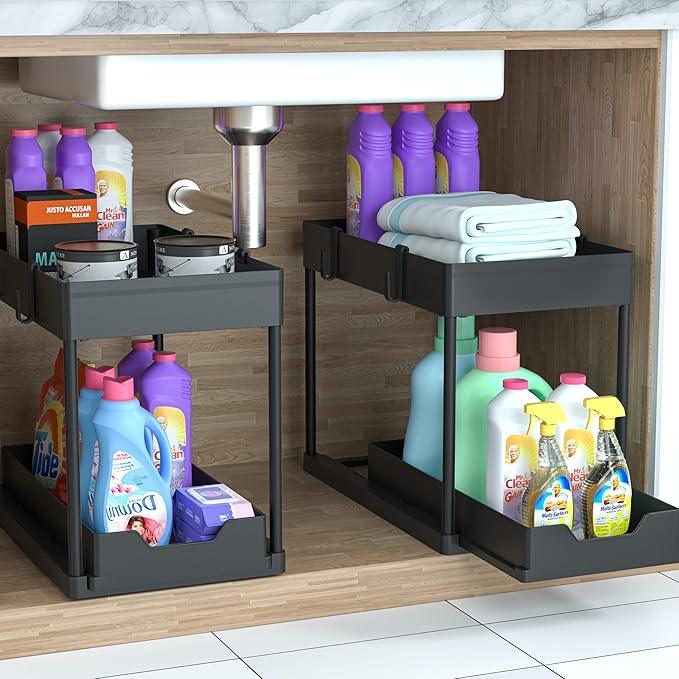 DEKAVA Under Sink Organizer 2 Pack, Bathroom Cabinet Organizer, 2 Tier Sliding Cabinet Basket Organizer Drawer, Multi-Purpose Bath Collection Baskets for Bathroom (Black) - ModernBath