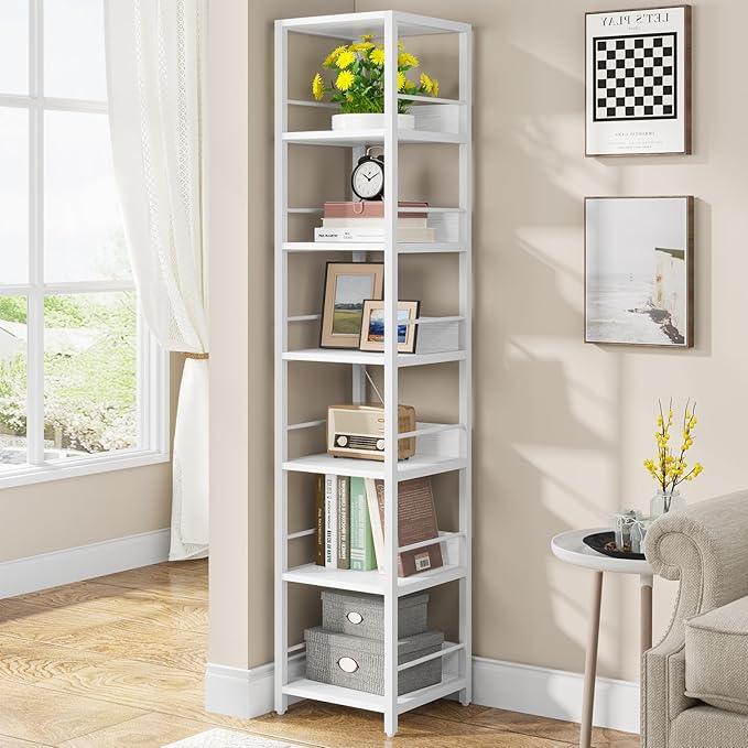 Tribesigns 6-Tier Corner Shelf, 75 Inch Tall Narrow Bookshelf Storage Rack, Etagere Shelves Display Stand for Small Spaces, Rustic Open Bookcase Square Shelf Tower for Living Room Bathroom - ModernBath