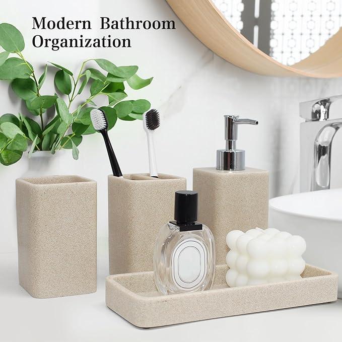 YMXYJM Bathroom Accessories Set, 4 Pcs Bathroom Accessory Set, Soap Dispenser, Toothbrush Holder, Qtip Holder Set, Bathroom Sets Complete, Bathroom Sink Set for Modern Home, Beige - ModernBath
