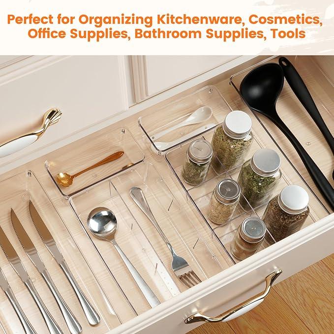 Criusia Drawer Organizer - 18 Pack Clear Large Kitchen Drawer Organization Trays, Non-Slip Dividers for Makeup, Jewelry, Utensils, Office, Bedroom, Bathroom - ModernBath