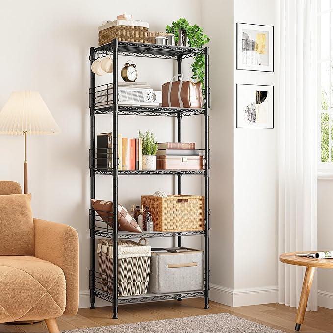 5 Tier Metal Shelving Unit Pantry Storage Shelves with Side Blockers Adjustable Metal Wire Shelf with Hooks & Shelf Linker Standing Storage Rack for Kitchen Pantry Bathroom Closet,13.8"Dx21.7"Wx59.1"H - ModernBath