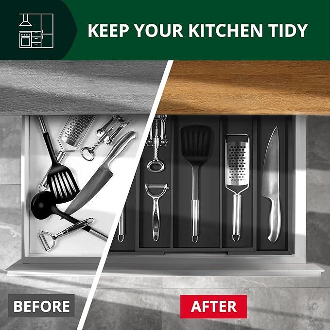 ROYAL CRAFT WOOD Luxury Bamboo Kitchen Drawer Organizer - Silverware Organizer - Utensil Holder and Cutlery Tray with Grooved Drawer Dividers for Flatware and Kitchen Utensils (5 Slot, Black) - ModernBath