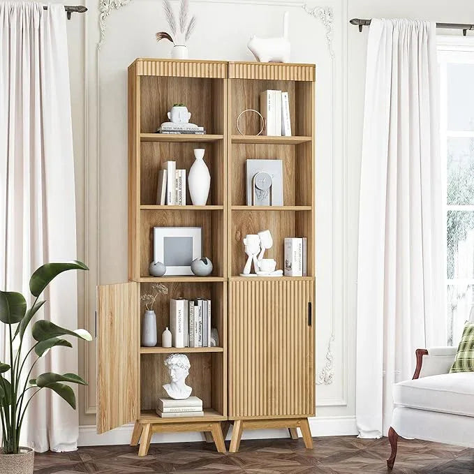 68" Tall Bathroom Storage Cabinet,Narrow Fluted Tower Cabinet with Door and Shelves,Slim Space Saving Storage Unit for Bathroom Kitchen Living Room (Natural, 11.8" D x 15.75" W x 68" H) - ModernBath