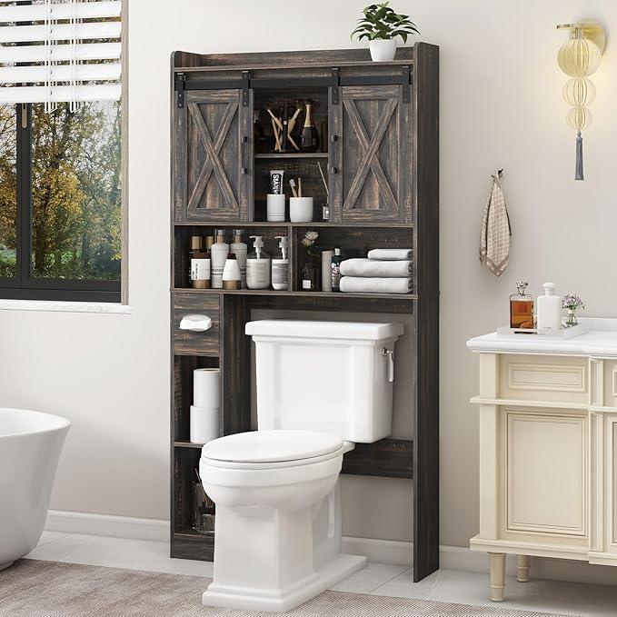 Vabches Over The Toilet Storage Cabinet, Farmhouse Storage Cabinet Over Toilet with Sliding Door& Toilet Paper Holder Stand，Home Space-Saving Toilet Rack, for Bathroom, Laundry and Restroom - ModernBath