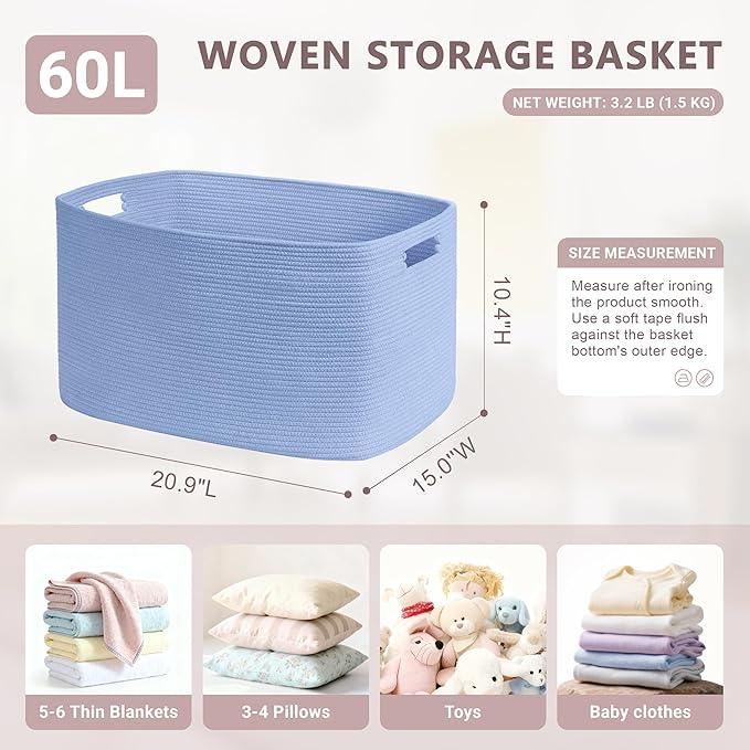 60L Small Baby Girls Laundry Basket for Nursery Storage,Cute Woven cotton Rope Baskets for Kids Toy，Gifts, Boho Square Wicker Blanket hamper for Living Room,Bedroom Dirty Clothes,Blue Purple - ModernBath