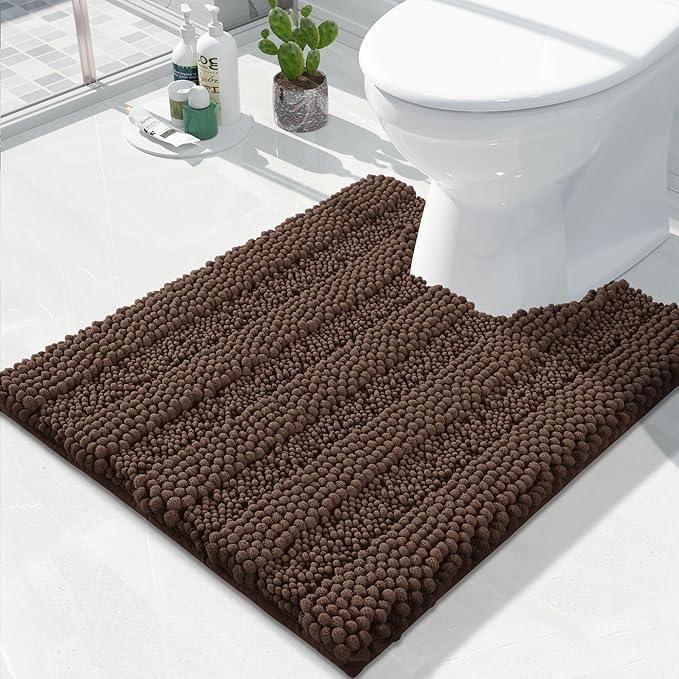 Yimobra Toilet Rugs U Shaped Washable 24 x 20, Non Slip and Super Absorbent Toilet Mat, Quick Dry, Ultra Luxury Microfiber Chenille Plush Fluffy Contour Bath Rugs for Toilet Base, Brown - ModernBath