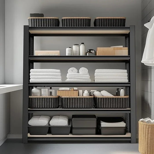 WORKPRO House 5-Tier Shelving Unit, Adjustable Heavy Duty Storage Shelves, Wood Grain Pattern, Waterproof Board, 3000lbs Boltless Shelving for Kitchen, Living Room, Garage, 48"W x 24"D x 72"H, Black - ModernBath