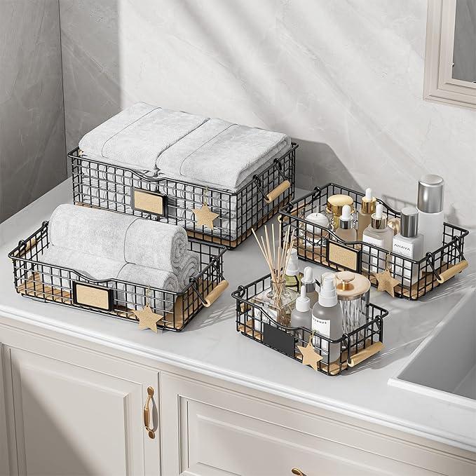 Bathroom Tray and Organizer Basket, 4 Pack Storage Baskets with Wooden Handles, Multipurpose for Bathroom, Coffee Bar, Kitchen cabinet, Living Room - Black - ModernBath